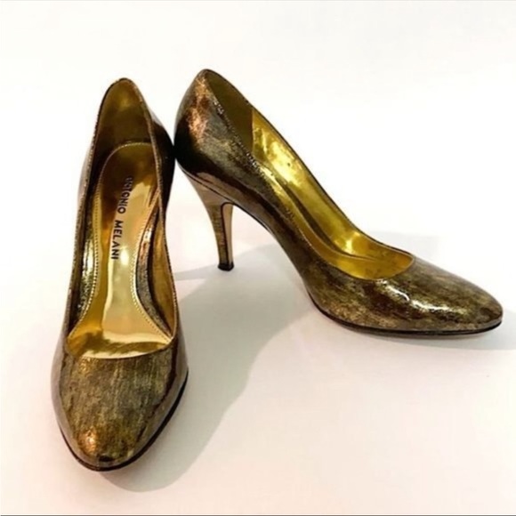 ANTONIO MELANI Size 4.5 M Black Gold Leather Heels - Picture 2 of 11